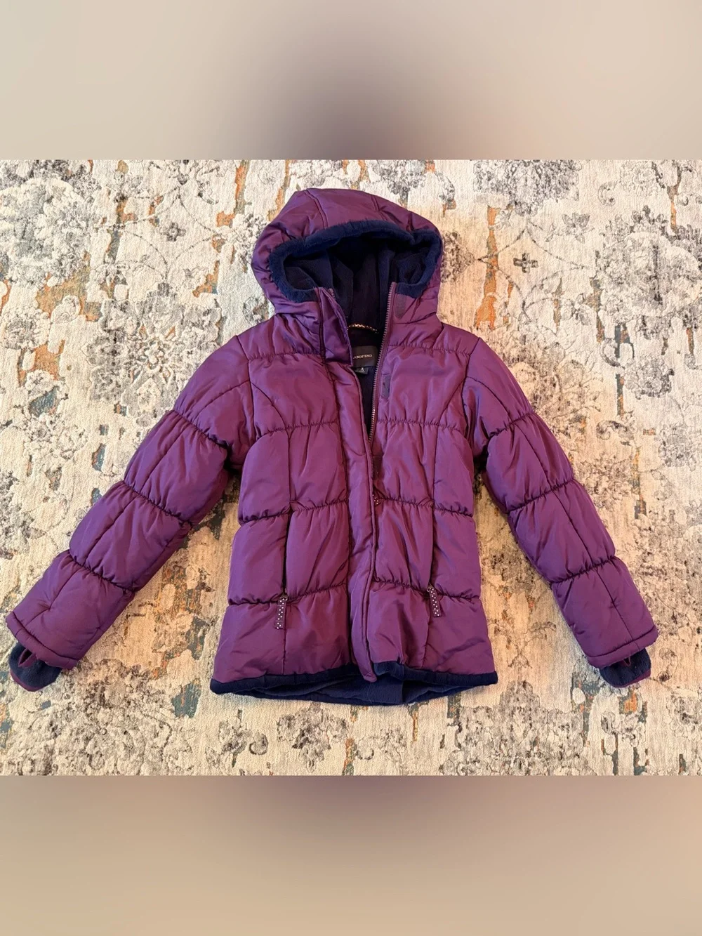 Kids Purple Puffer Jacket with Hood and Navy Fleece Lining
